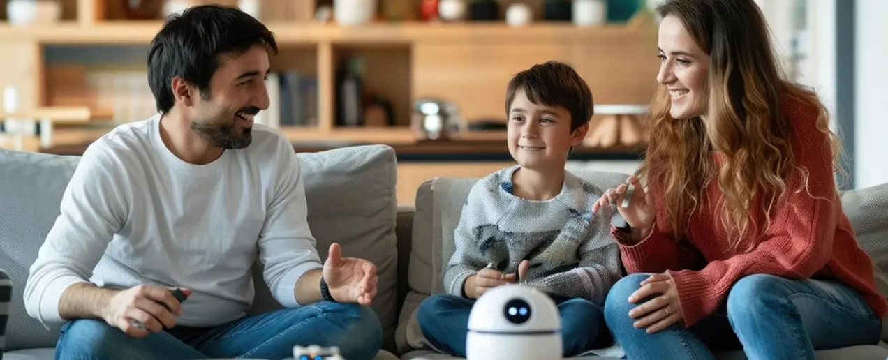Family on couch with smart device